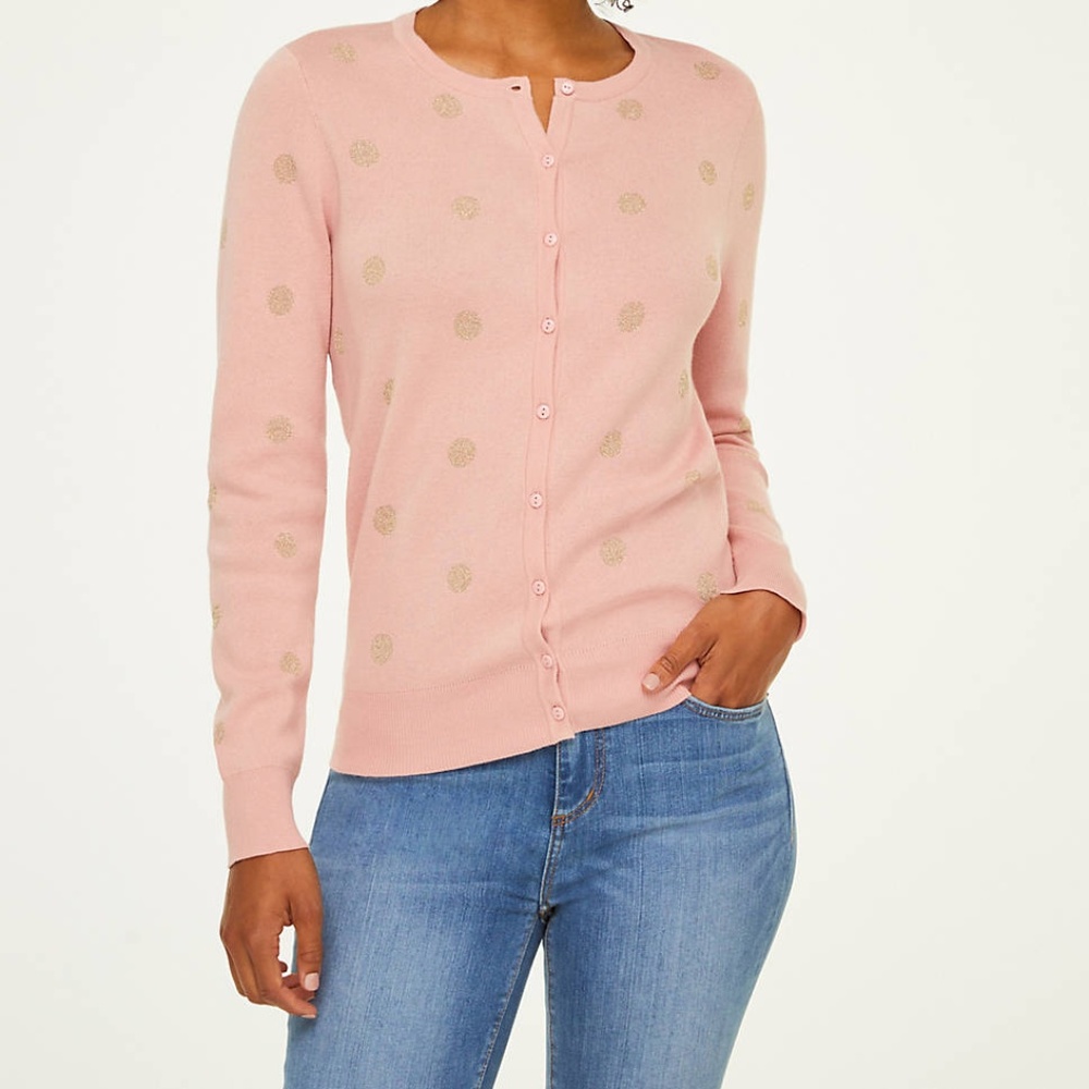✨NEW✨ LOFT Pink Cardigan Sweater Gold Polka Dots